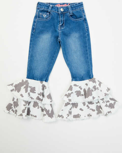 Image #1 - Cowgirl Hardware Toddler Girls' Cow Print Double Flare Denim Jeans , Blue, hi-res