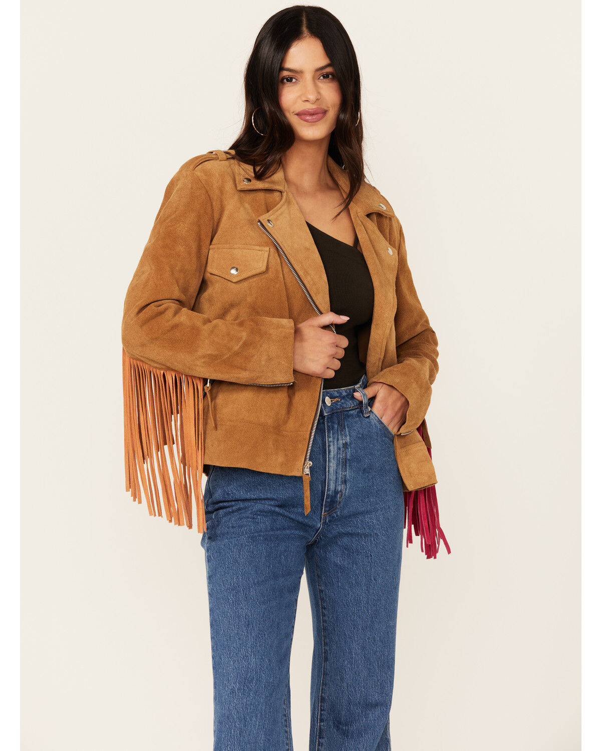 Image #4 - Western & Co Women's Fringe Suede Biker Jacket, Tan, hi-res