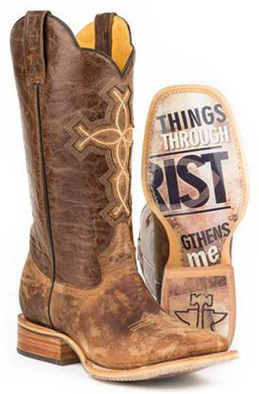 Image #2 - Tin Haul Men's Ichthys Philippians 4:13 Western Boots - Broad Square Toe, Brown, hi-res
