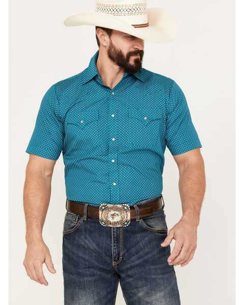 Image #1 - Ely Walker Men's Geo Print Short Sleeve Pearl Snap Western Shirt, Teal, hi-res