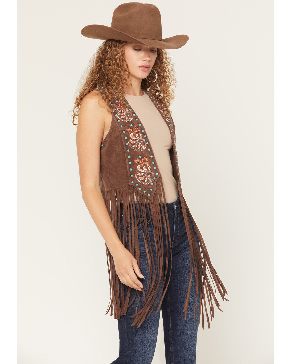 Image #1 - Shyanne Women's Simpson Embellished Fringe Faux Suede Vest, Brown, hi-res