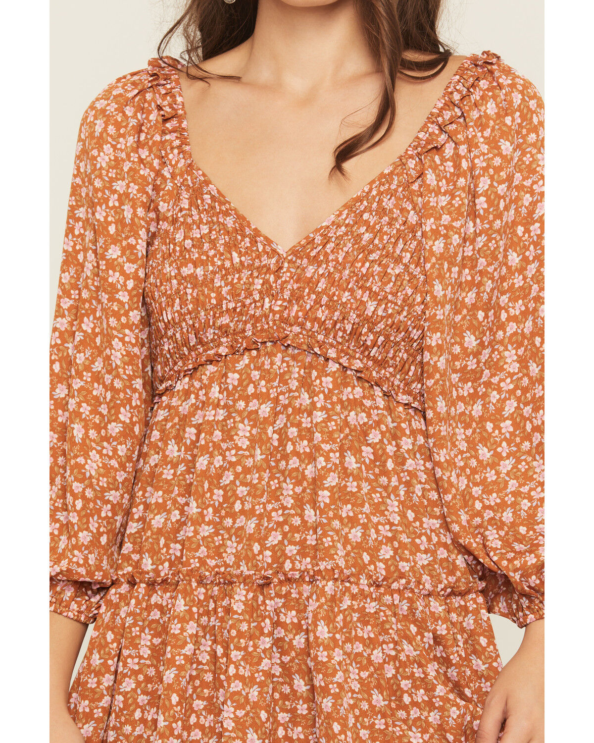 Image #3 - Yura Women's Floral Print Long Sleeve Smocked Mini Dress, Rust Copper, hi-res