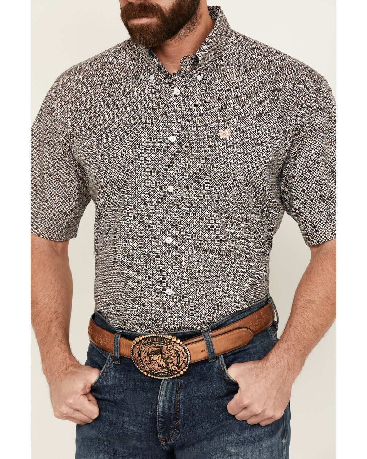 Image #3 - Cinch Men's Geo Print Short Sleeve Button-Down Western Shirt, Peach, hi-res
