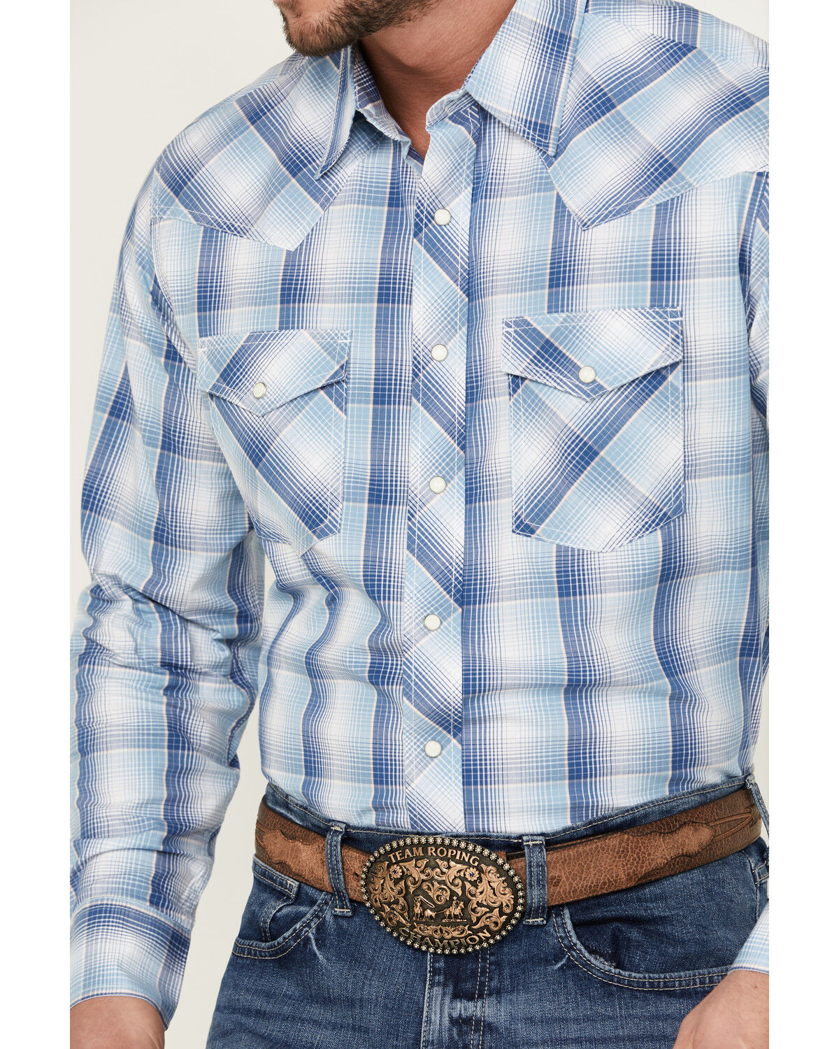 Image #3 - Wrangler 20X Men's Advanced Comfort Plaid Print Long Sleeve Snap Stretch Western Shirt, Blue, hi-res