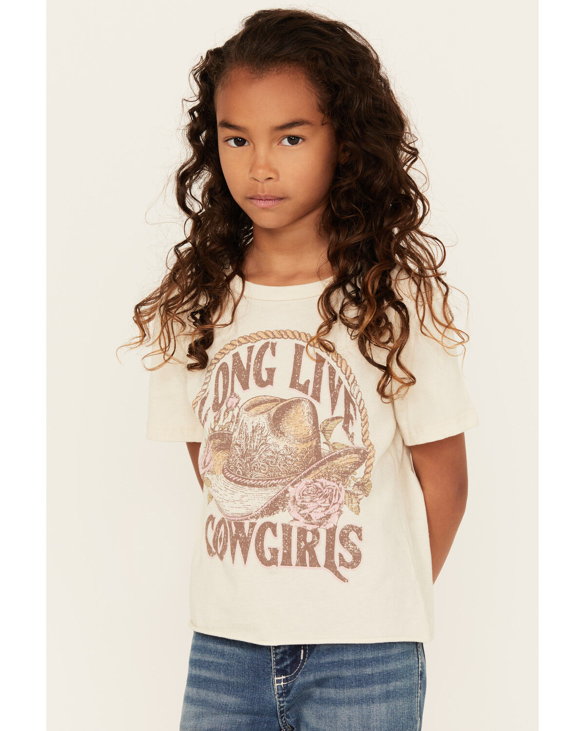 Image #1 - La La Land Girls' Long Live Cowgirls Short Sleeve Graphic Tee, Cream, hi-res