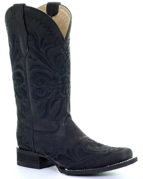 Circle G Women's Black Embroidery Western Boots - Square Toe, Black, hi-res