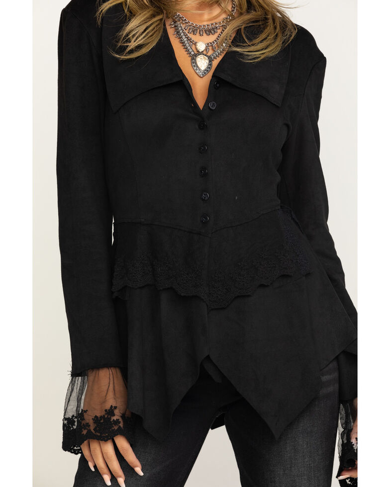 Cripple Creek Women S Black Micro Suede Long Sleeve Button Front