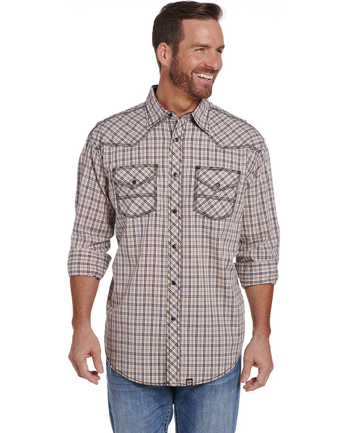 Cowboy Up Men's Enzyme Wash Plaid Print Long Sleeve Snap Western Shirt, Tan, hi-res