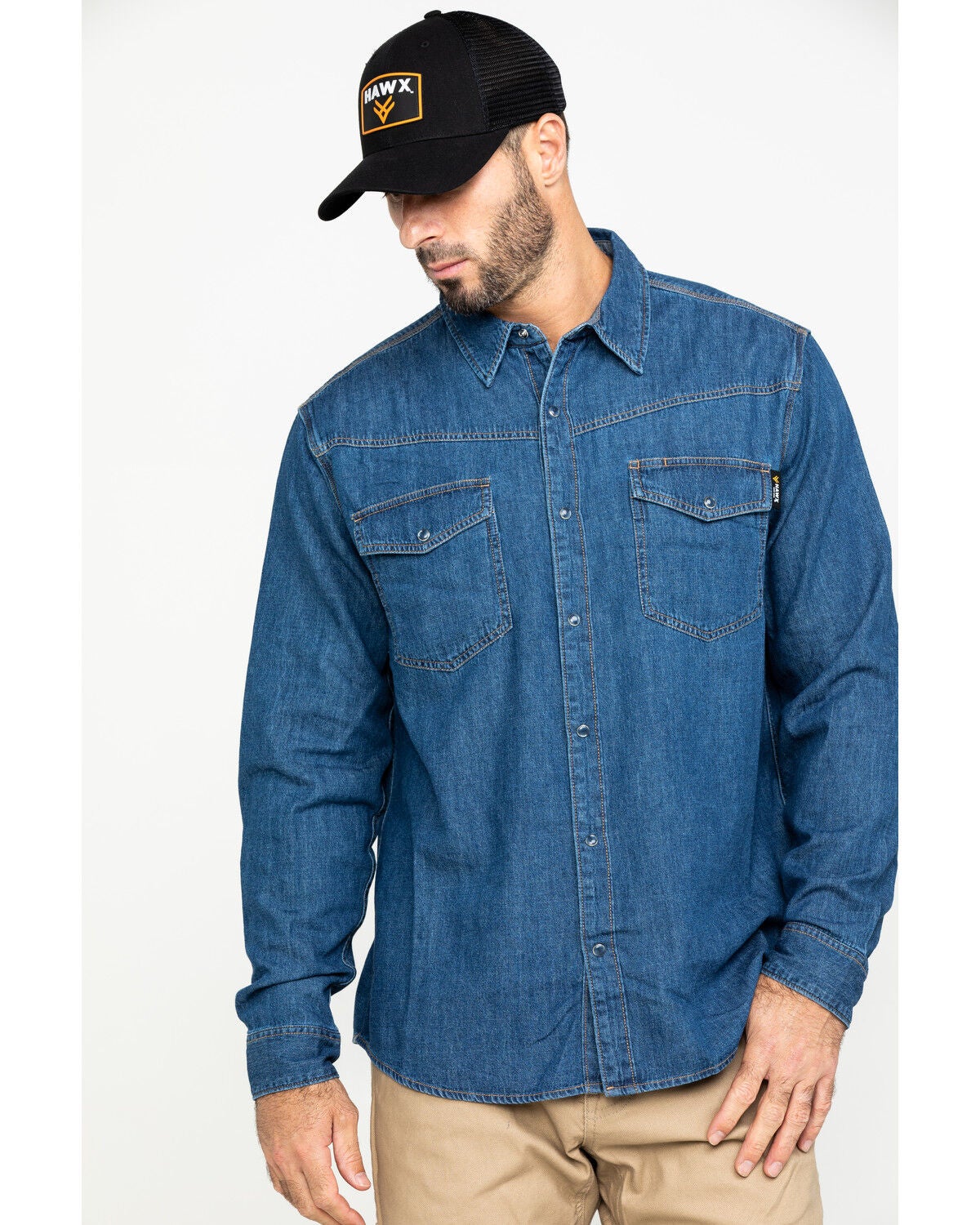 Hawx Men's Stonewashed Denim Snap Long Sleeve Work Shirt, Blue, hi-res