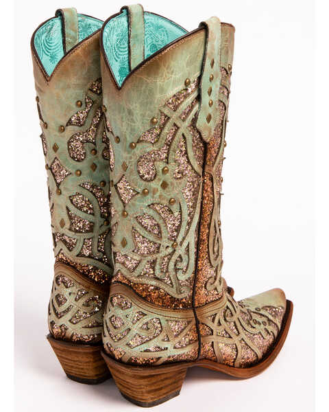 Image #7 - Corral Women's Mint Glitter Inlay Western Boots - Snip Toe , Green, hi-res