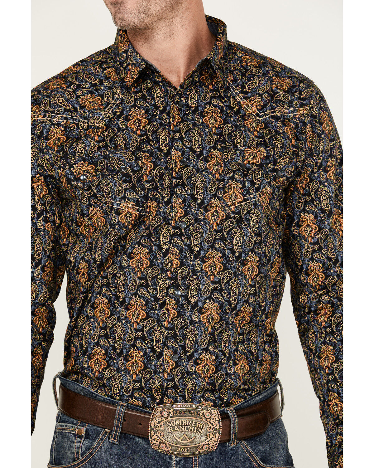 Image #3 - Cody James Men's Vaquero Paisley Print Long Sleeve Snap Western Shirt, Dark Blue, hi-res
