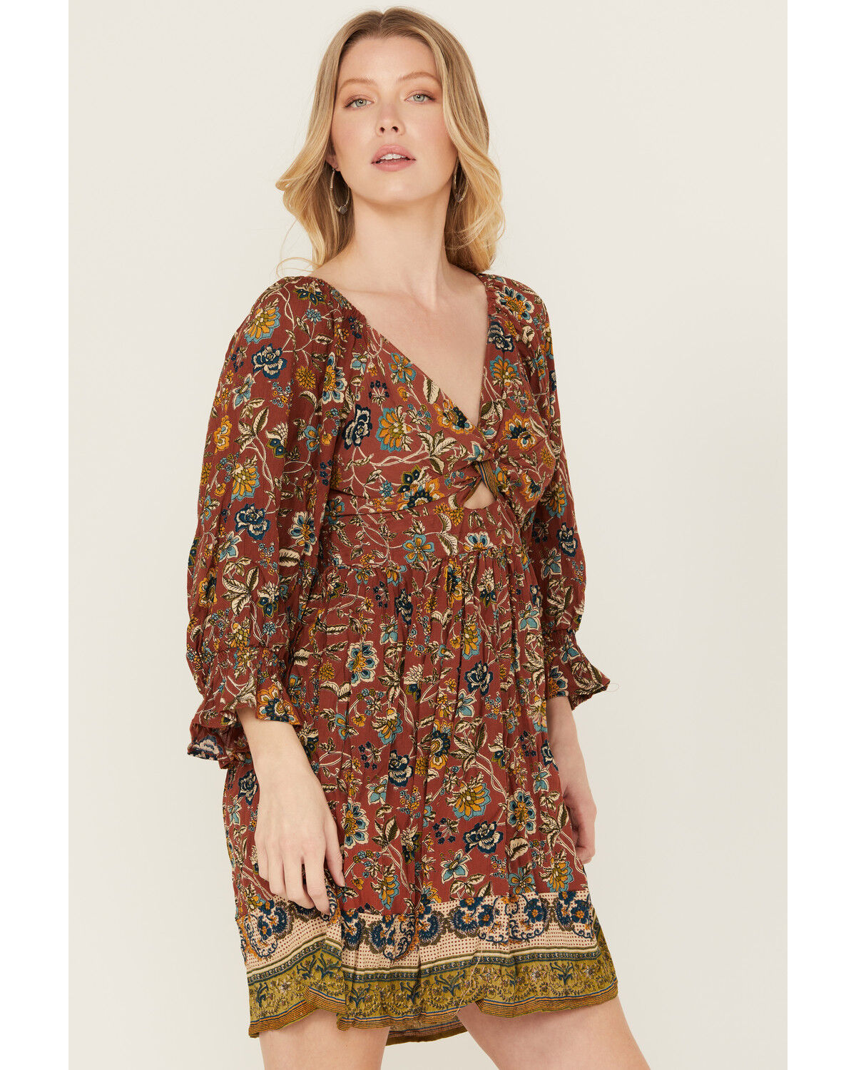 Image #2 - Angie Women's Floral Print Long Sleeve Mini Dress, Red, hi-res