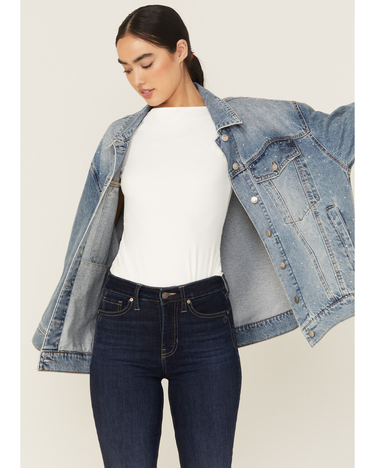 Image #1 - Daze Women's Beau Medium Wash Oversized Studded Denim Jacket, Medium Wash, hi-res