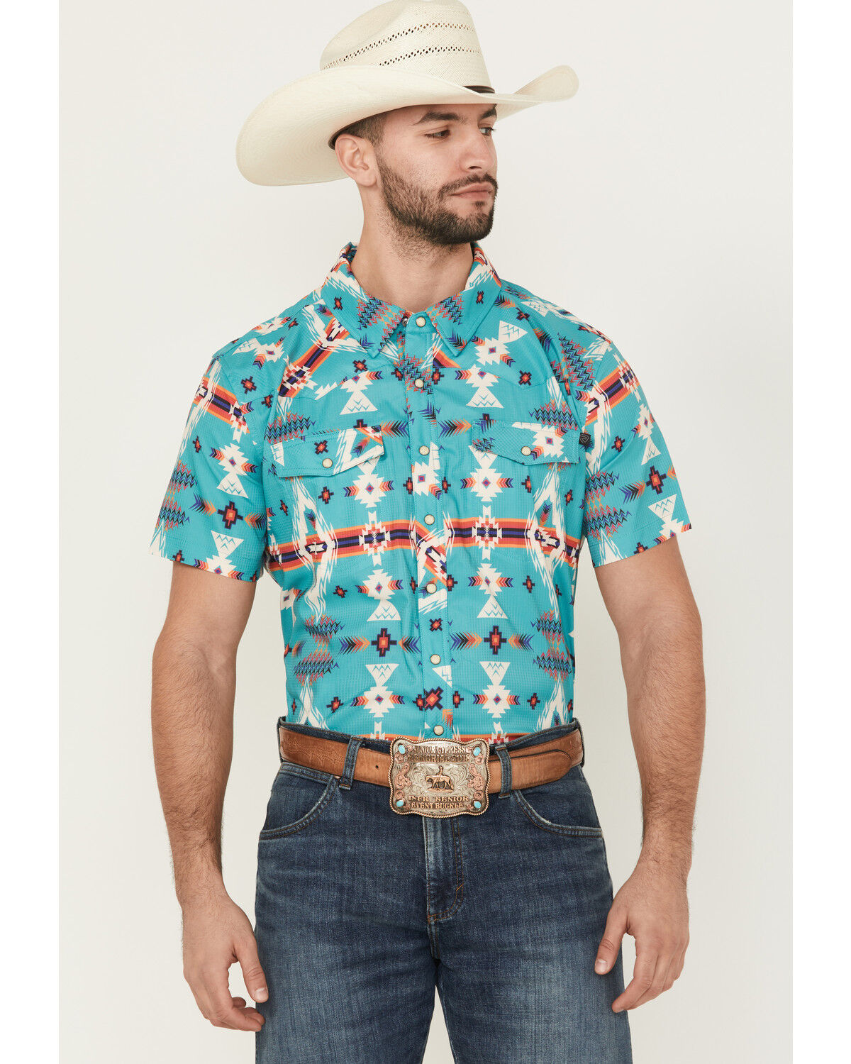 Image #1 - Panhandle Men's Boot Barn Exclusive TEK Southwestern Print Short Sleeve Performance Western Shirt, Turquoise, hi-res