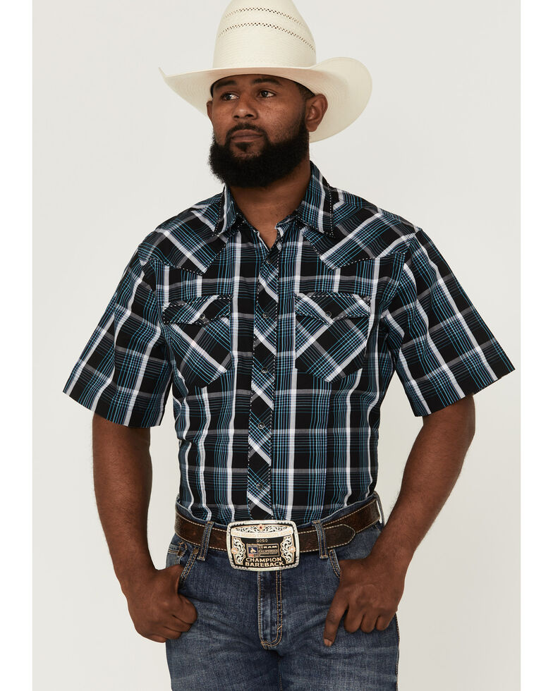 Wrangler Men's Black Plaid Short Sleeve Fashion Snap Western Shirt , Black, hi-res