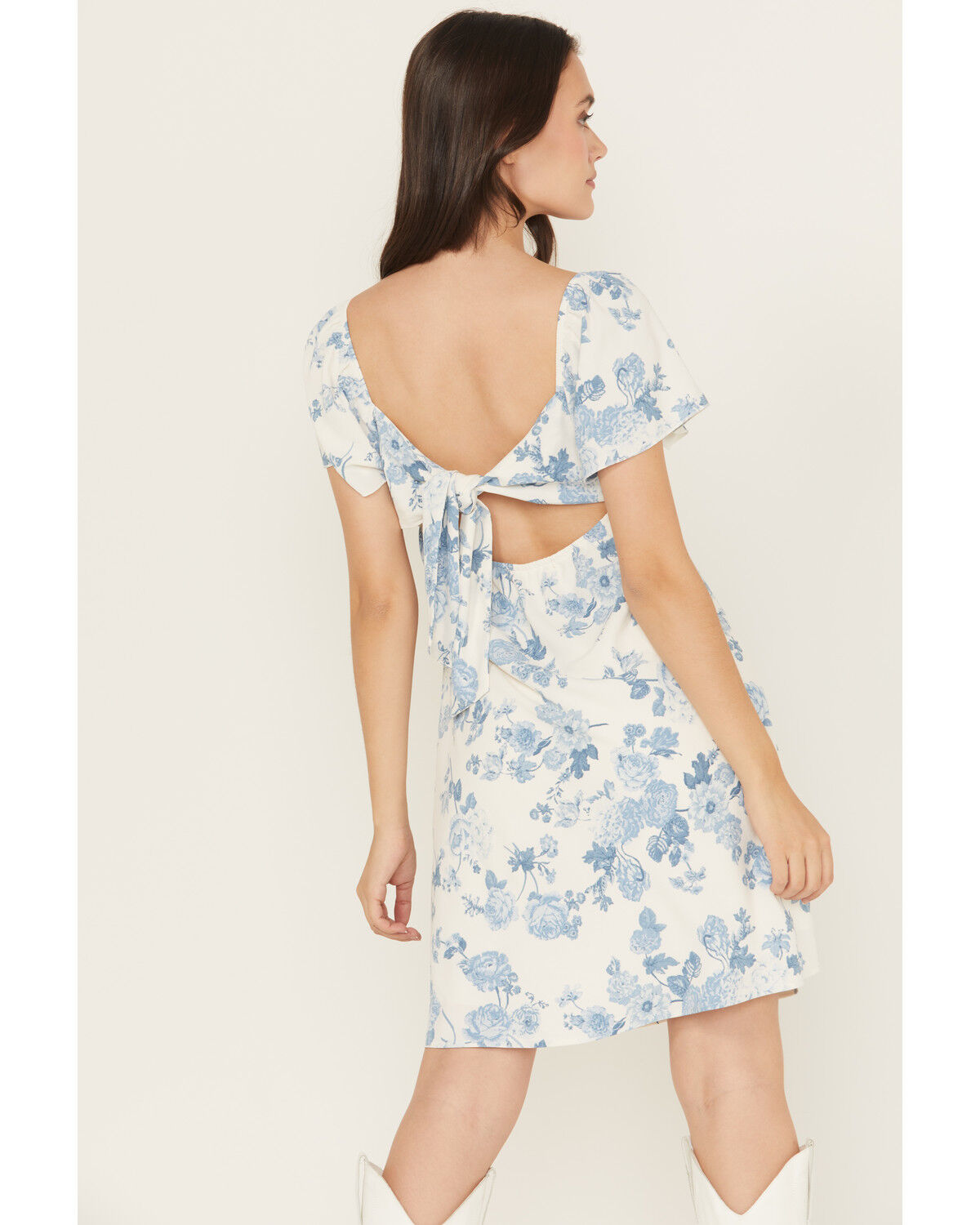 Image #4 - Shyanne Women's Floral Print Tie Front Mini Dress, White, hi-res