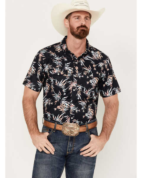 Rock & Roll Denim Men's Tek Leaf Print Short Sleeve Western Snap Shirt, Navy, hi-res