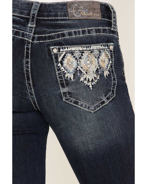 Grace in LA Women's Dark Wash Mid Rise Sequin Embroidered Slim Bootcut Jeans, Blue, hi-res