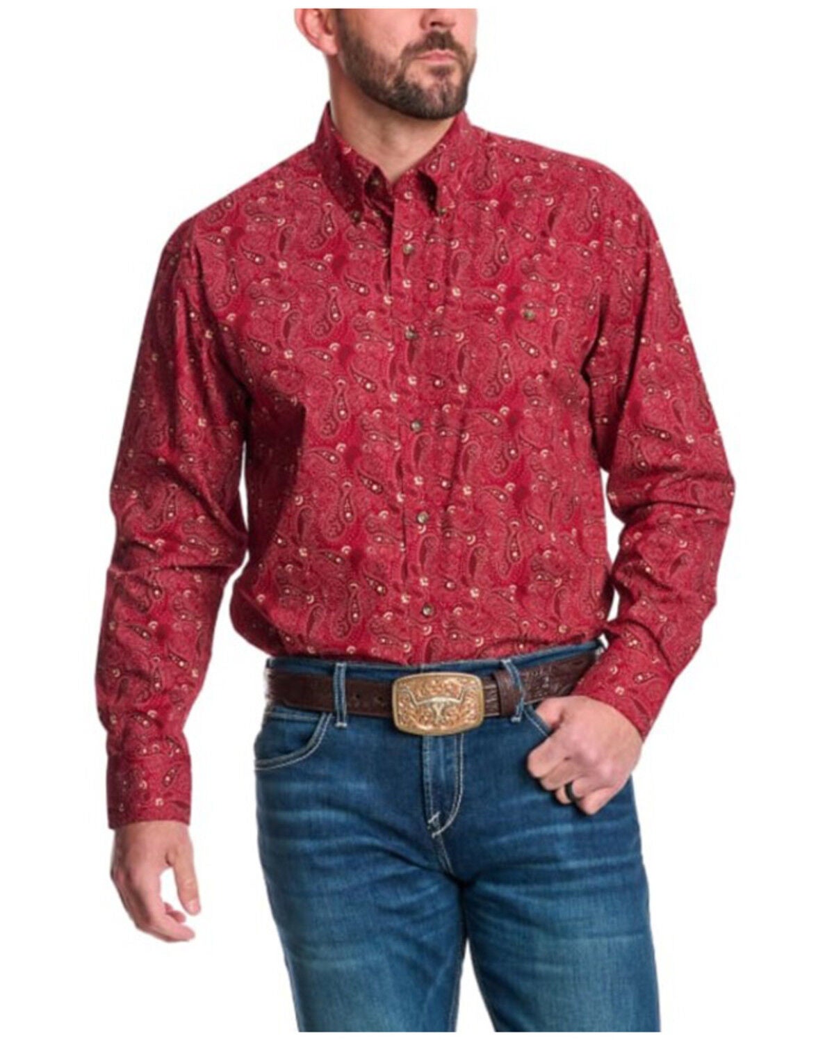 George Strait by Wrangler Men's Plaid Print Long Sleeve Button-Down Stretch Western Shirt, Red, hi-res