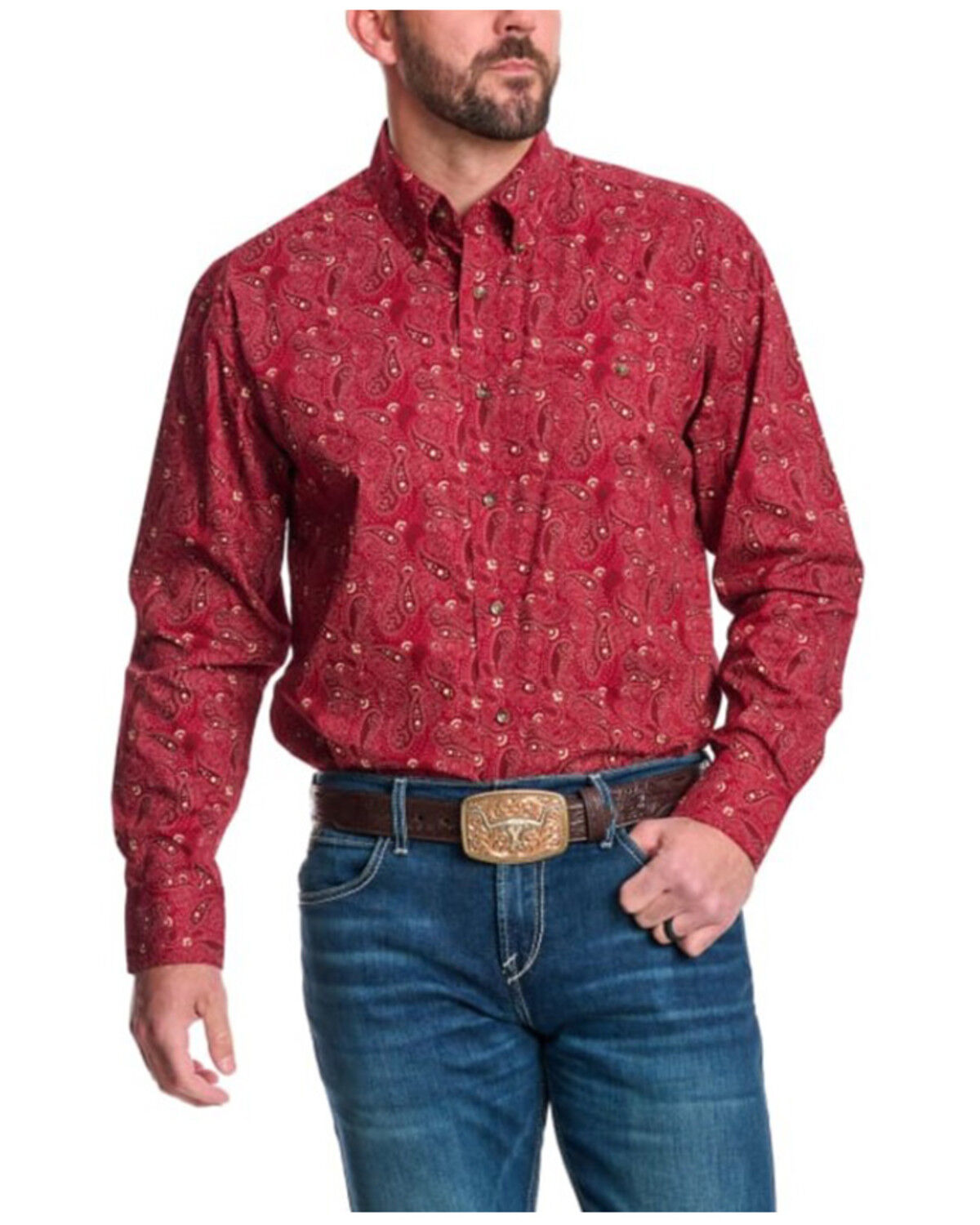 Image #1 - George Strait by Wrangler Men's Plaid Print Long Sleeve Button-Down Stretch Western Shirt, Red, hi-res
