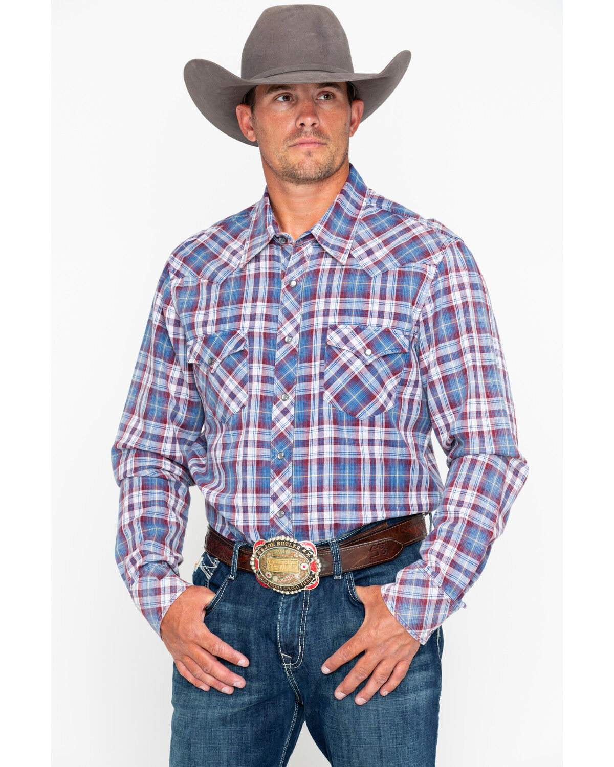 Image #1 - Rock & Roll Denim Men's Double Dye Plaid Print Long Sleeve Western Shirt, Grey, hi-res