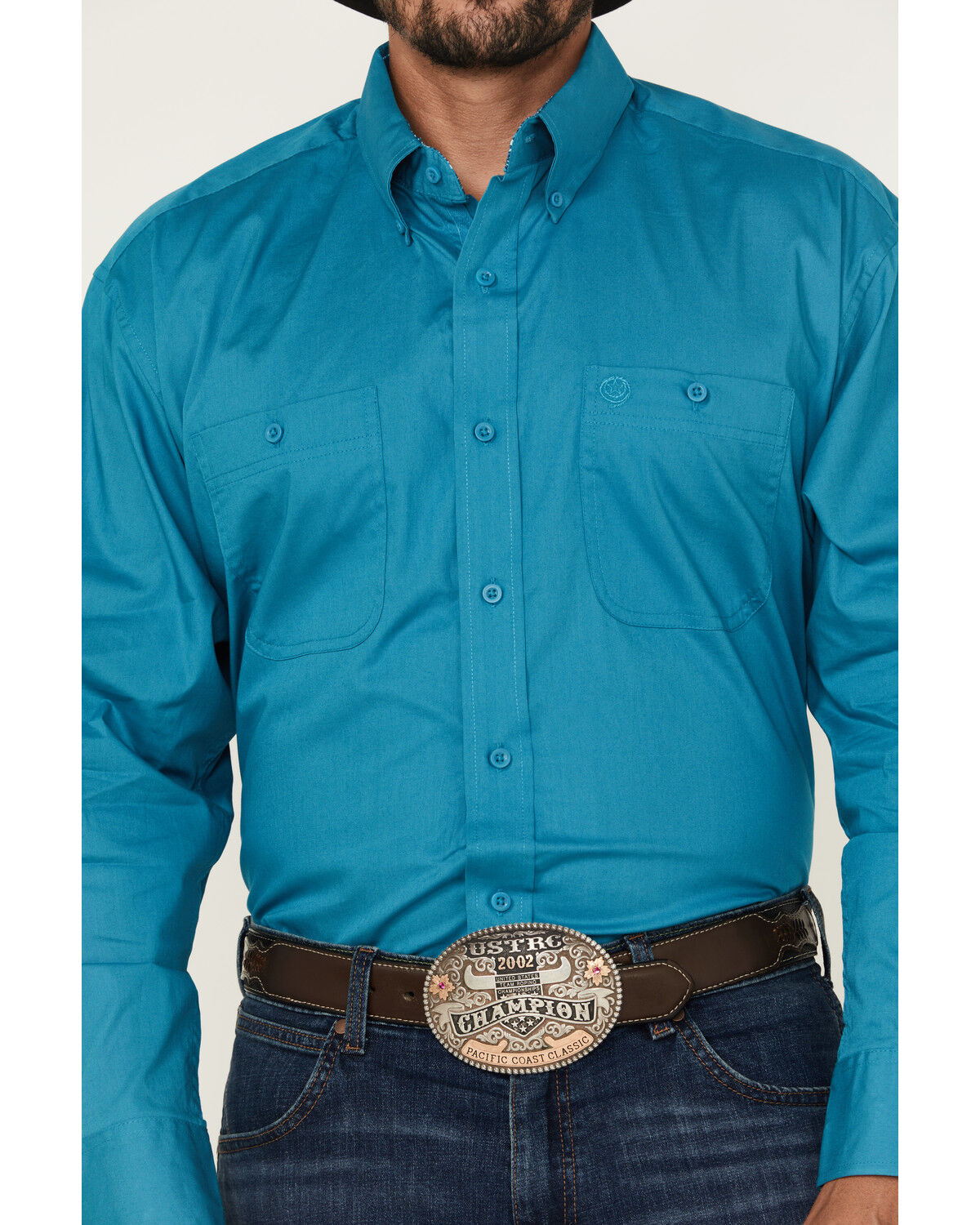 Image #3 - George Strait by Wrangler Men's Solid Long Sleeve Button-Down Stretch Western Shirt - Big, Teal, hi-res