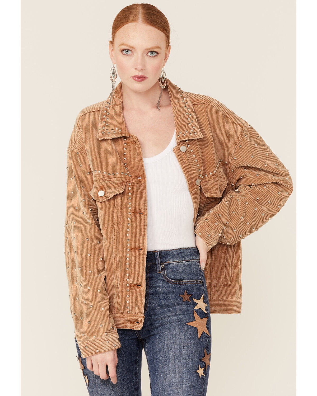 Pol Women's Brown Corduroy Studded Shacket