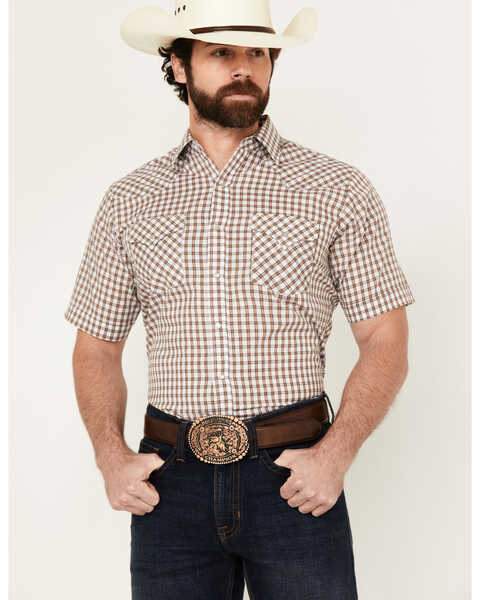 Ely Walker Men's Checkered Print Short Sleeve Snap Western Shirt , Brown, hi-res