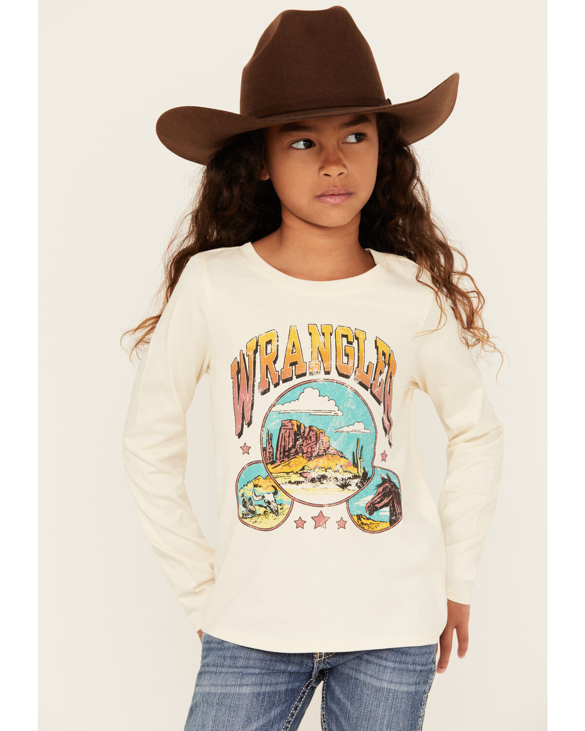 Image #1 - Wrangler Girls' Desert Logo Long Sleeve Graphic Shirt, White, hi-res