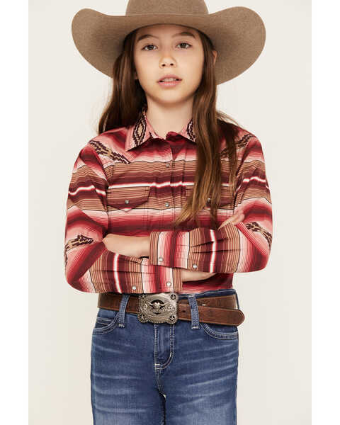 Image #1 - Ariat Girls' Southwestern Serape Striped Long Sleeve Snap Western Shirt, Pink, hi-res