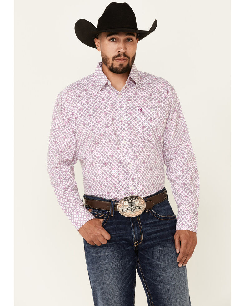 Wrangler Men's Classic Small Geo Print Long Sleeve Button-Down Western Shirt , Purple, hi-res