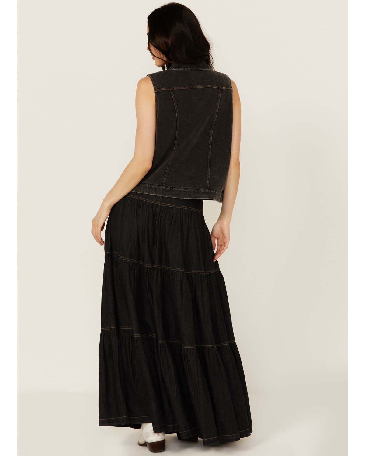 Image #3 - Revel Women's Tiered Denim Maxi Skirt, Black, hi-res