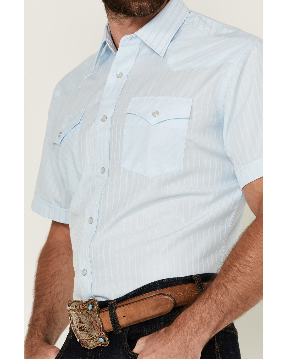 Image #3 - Rodeo Clothing Men's Tonal Satin Striped Short Sleeve Pearl Snap Western Shirt, Blue, hi-res