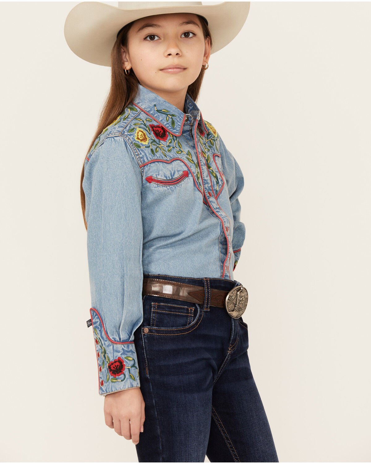 Image #2 - Rockmount Ranchwear Girls' Floral Yoke Long Sleeve Pearl Snap Denim Western Shirt, , hi-res