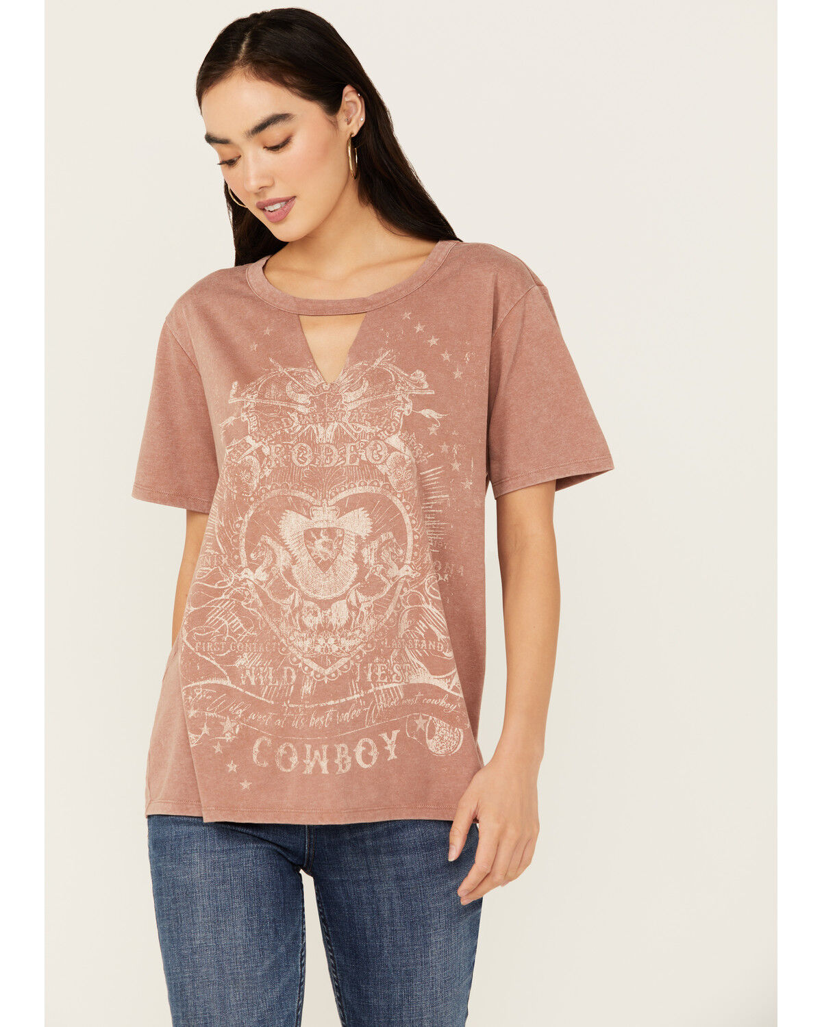 Image #1 - Blended Women's Rodeo Cowboy Cutout Short Sleeve Graphic Tee, Brown, hi-res