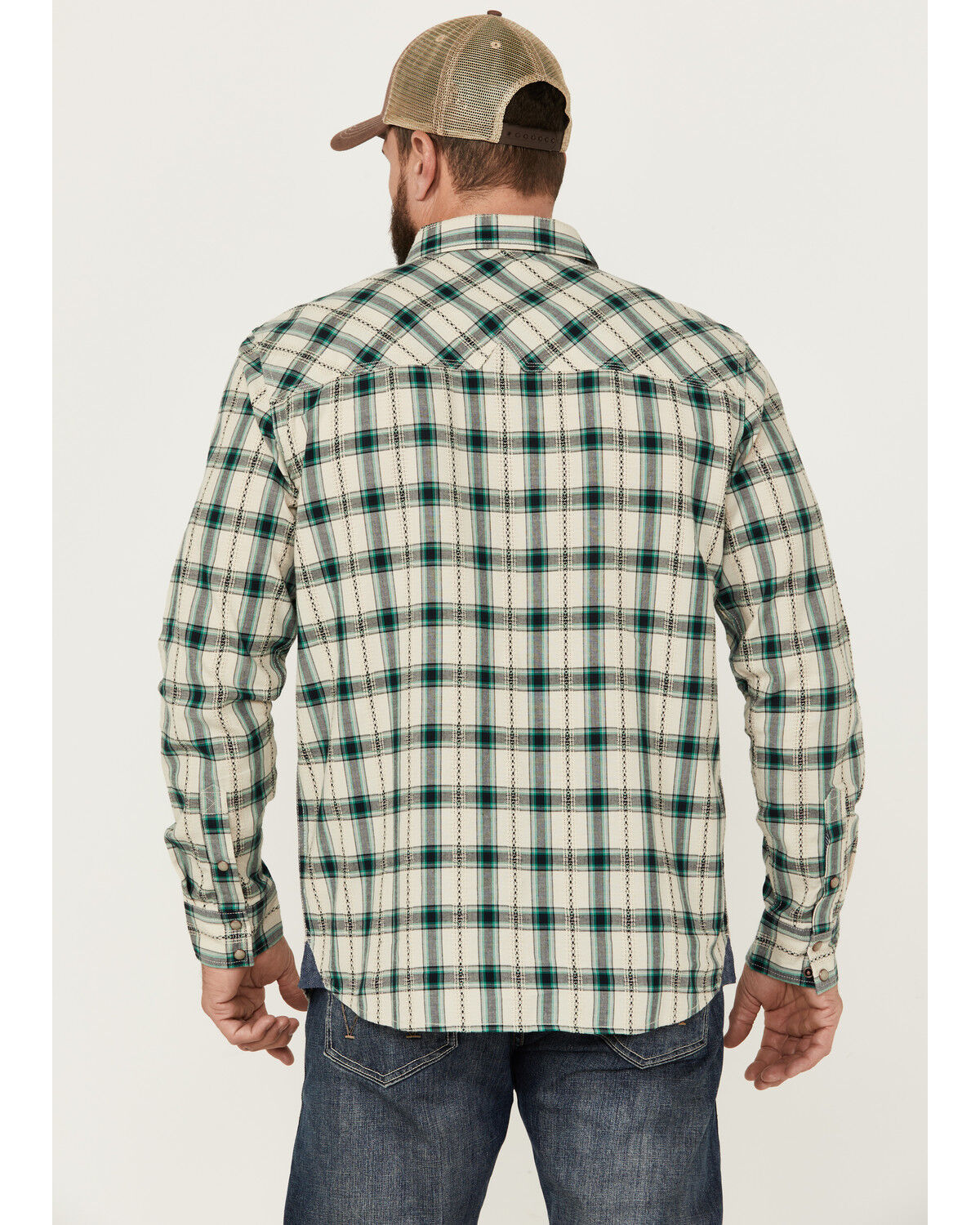Image #4 - Moonshine Spirit Men's Last Call Dobby Plaid Print Long Sleeve Pearl Snap Western Shirt, Natural, hi-res