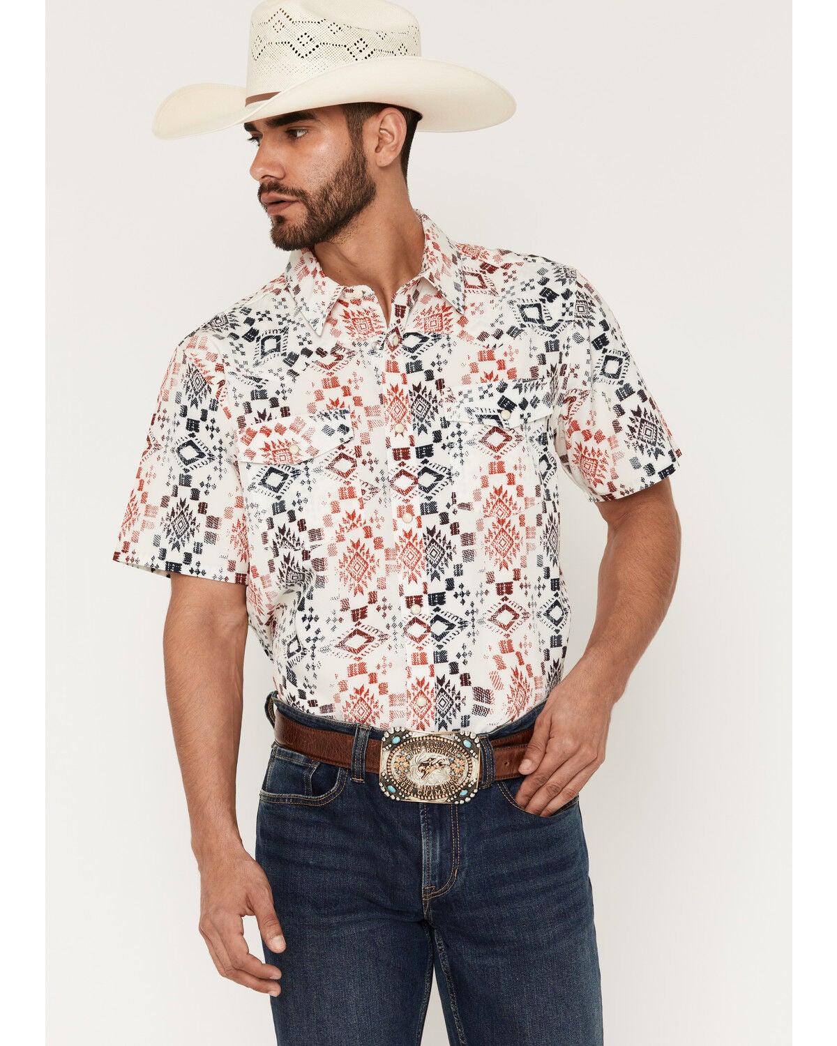 RANK 45&reg; Men's Everglades Southwestern Print Rodeo Tech 2.0 Short Sleeve Snap Stretch Western Shirt, Red, hi-res