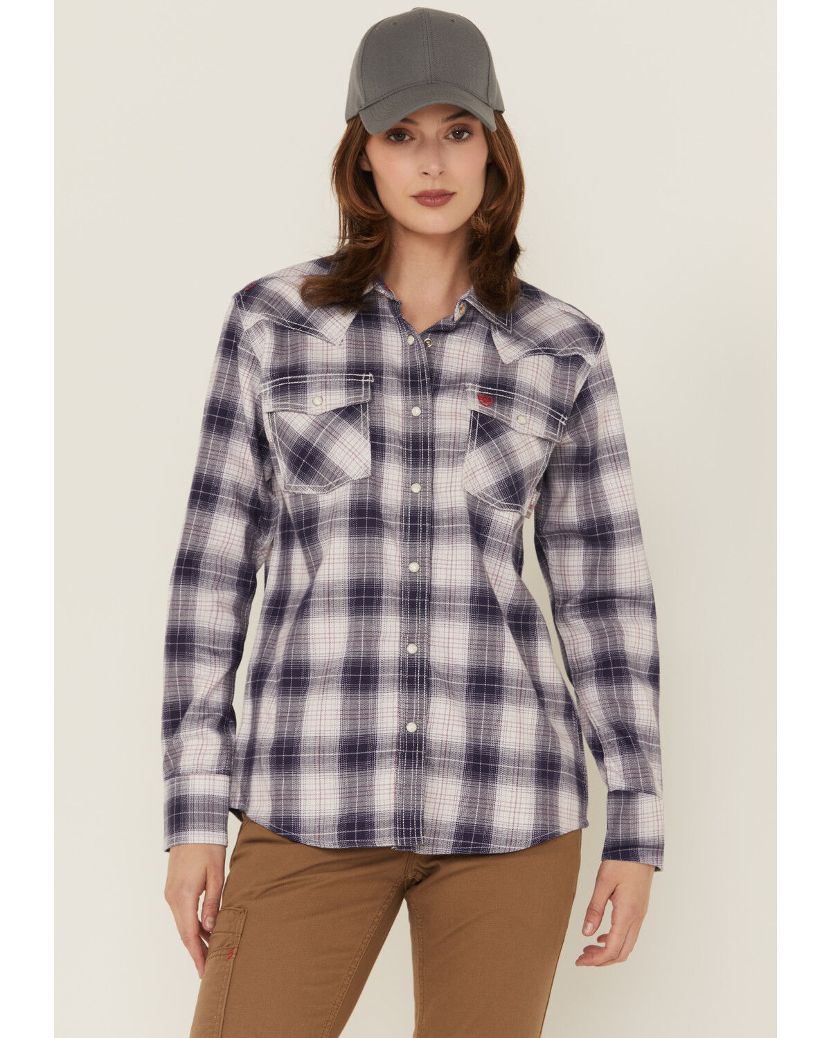 Image #1 - Ariat Women's FR Heritage Plaid Print Long Sleeve Snap Work Shirt, Oatmeal, hi-res