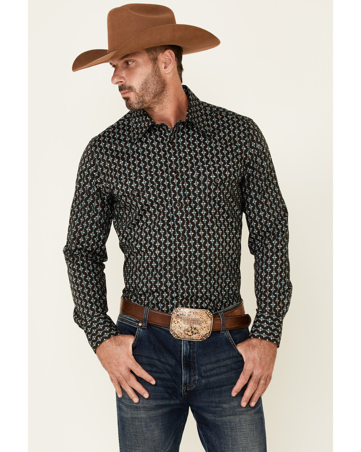 Image #1 - Rock & Roll Denim Men's Brown Southwestern Geo Print Long Sleeve Snap Western Shirt, Brown, hi-res