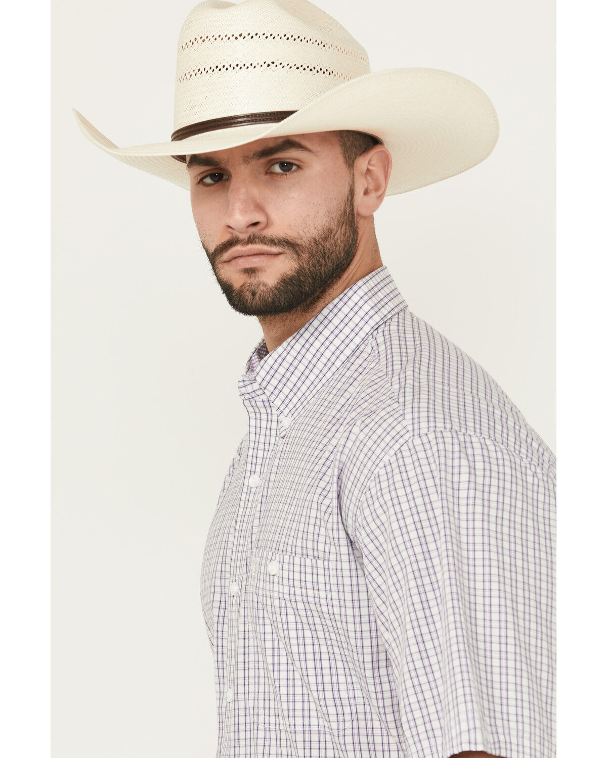 Image #2 - George Strait by Wrangler Men's Plaid Print Short Sleeve Button-Down Stretch Western Shirt, Purple, hi-res