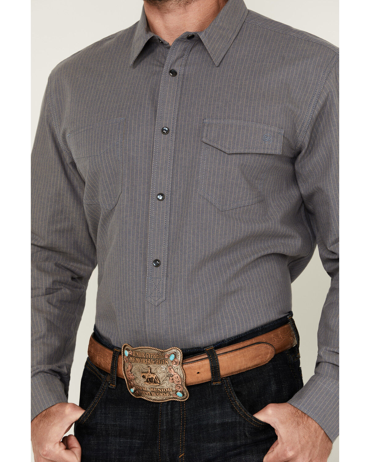 Image #3 - Blue Ranchwear Men's Grayson Striped Long Sleeve Pearl Snap Western Shirt, Indigo, hi-res