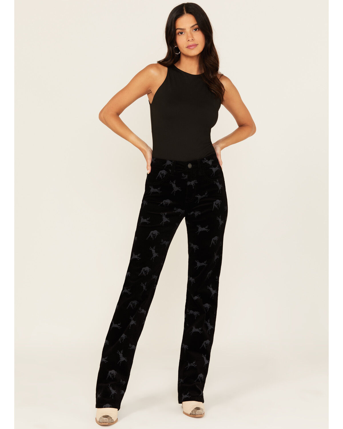 Image #1 - Rock & Roll Denim Women's High Rise Horse Print Modest Bootcut Stretch Corduroy Jeans, Black, hi-res