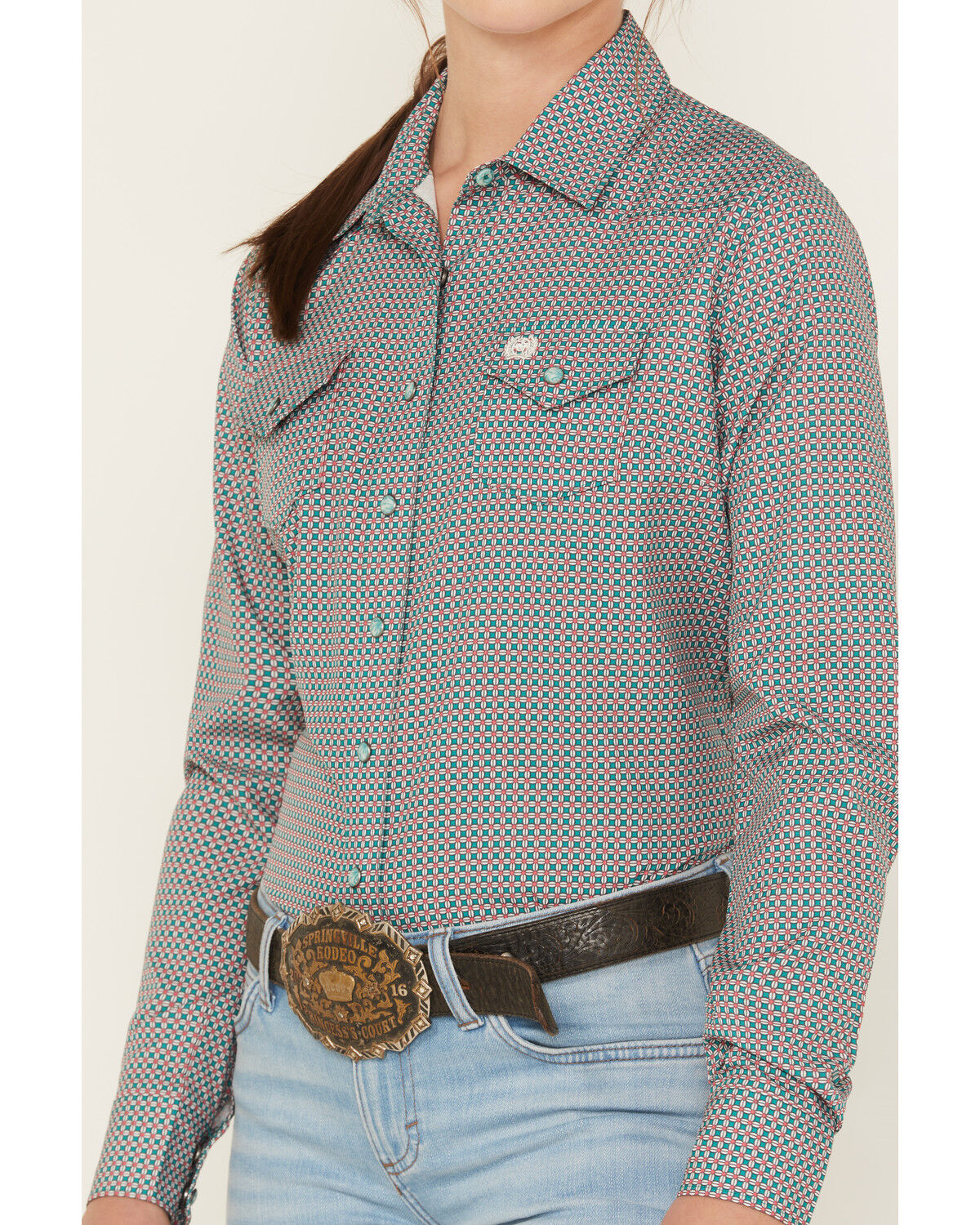 Image #3 - Cinch Women's Geo Print Long Sleeve Snap Stretch Western Shirt, Green, hi-res