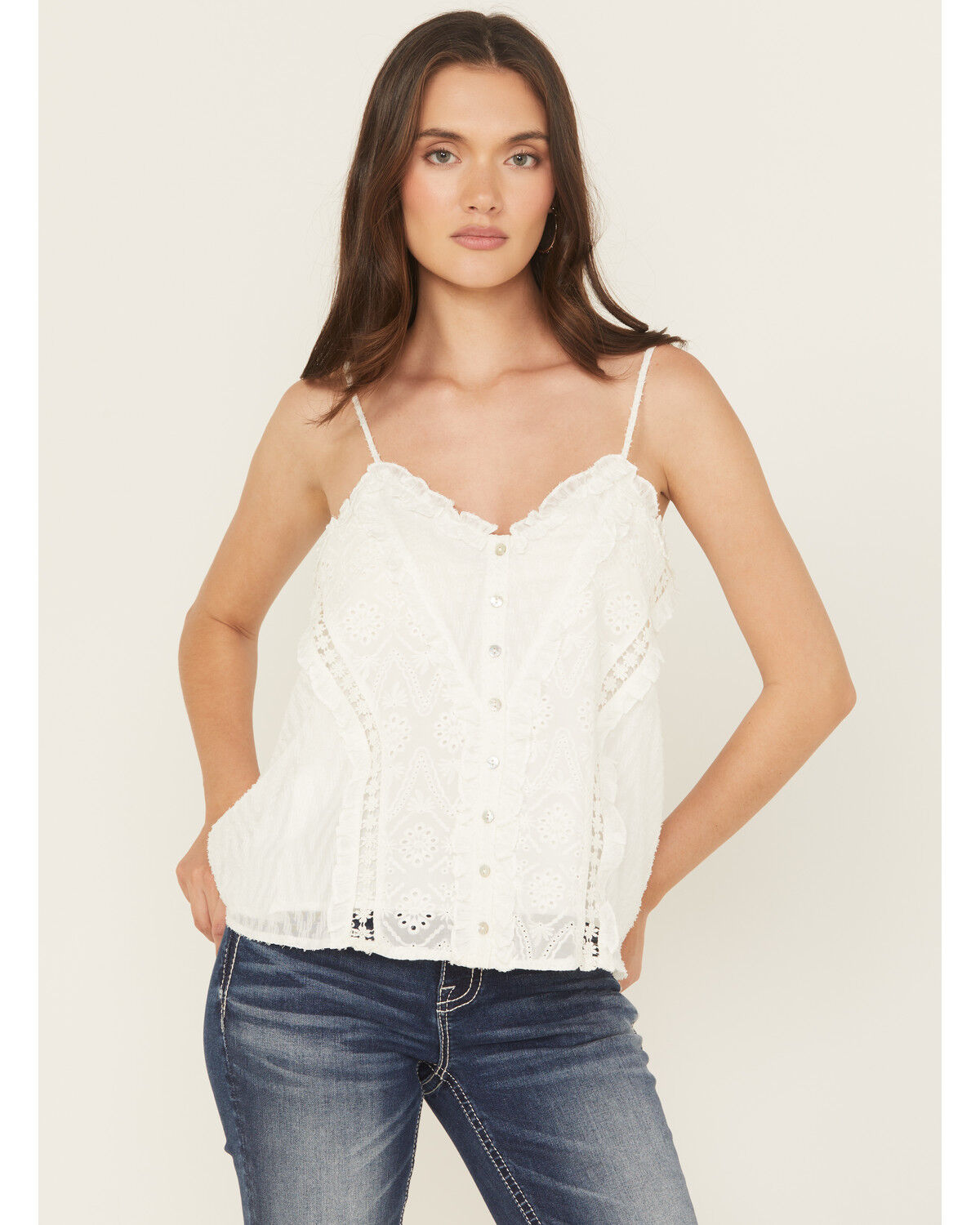 Image #1 - Miss Me Women's Eyelet Sleeveless Button-Down Ruffle Tank Top, Cream, hi-res