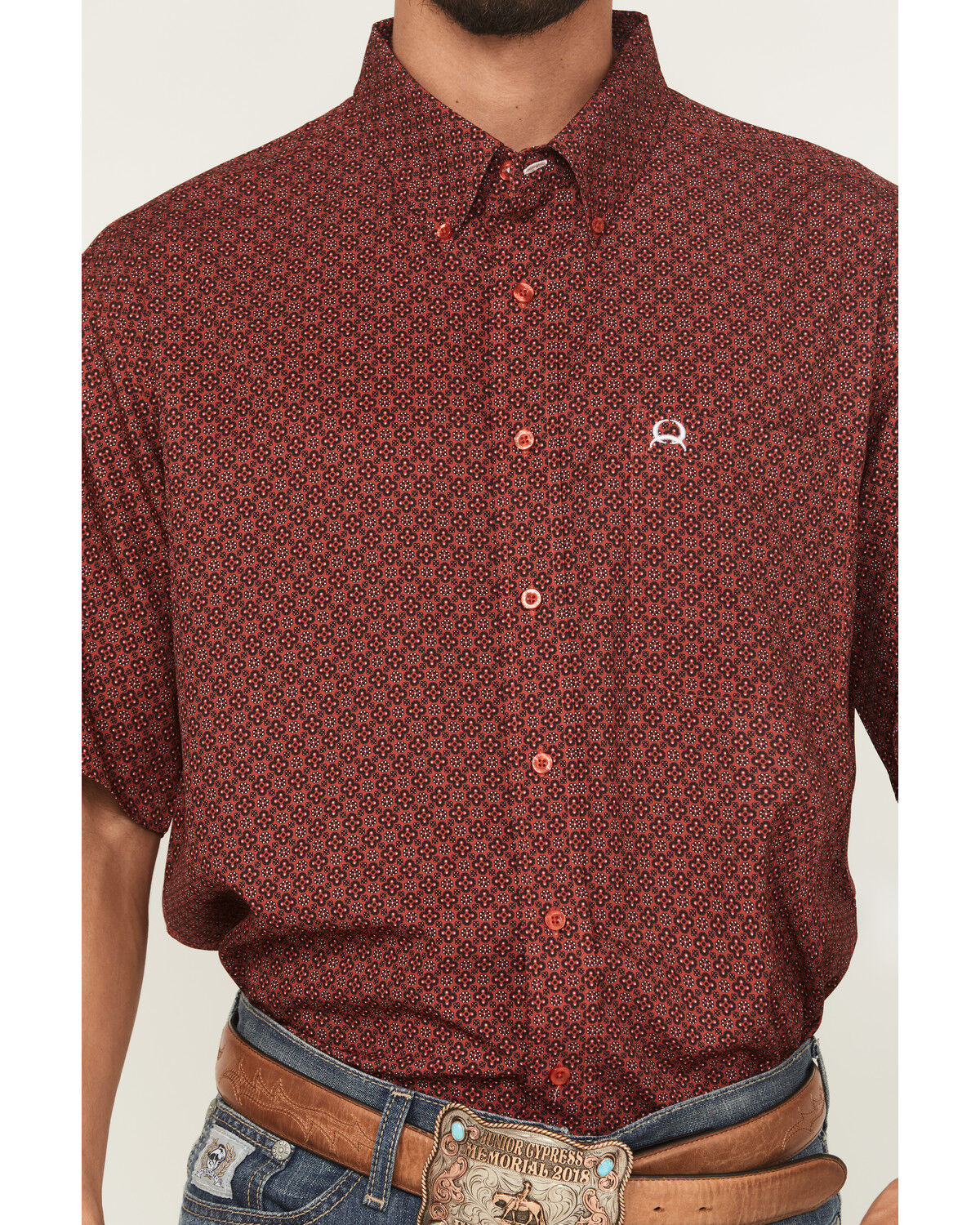 Image #3 - Cinch Men's Geo Print Short Sleeve Button-Down Performance Stretch Western Shirt, Red, hi-res