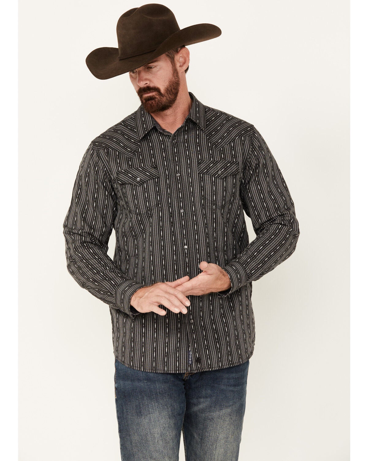Moonshine Spirit&reg; Men's Concrete Cowboy Striped Print Long Sleeve Snap Western Shirt, Black, hi-res