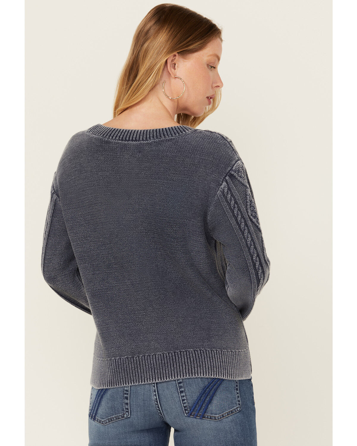 Image #5 - Cleo + Wolf Women's Clark Acid Wash Cable Knit Sweater, Blue, hi-res