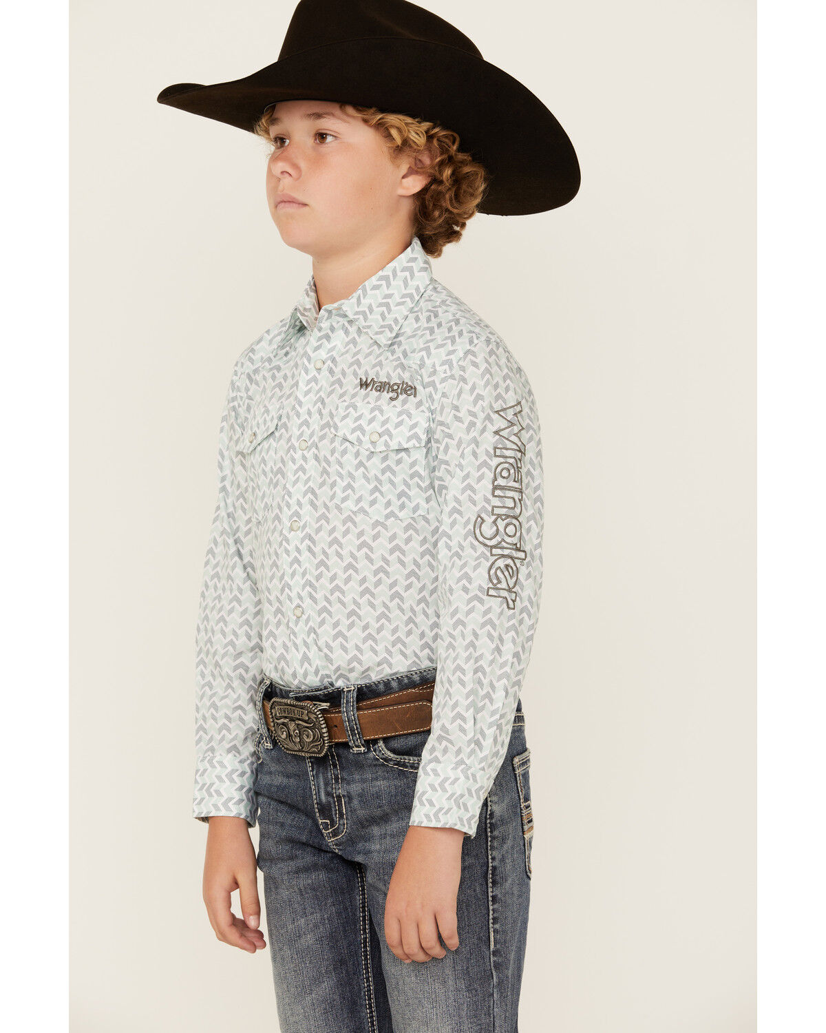 Image #2 - Wrangler Boys' Geo Print Logo Long Sleeve Pearl Snap Western Shirt, Aqua, hi-res