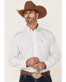 Panhandle Select Men's White & Grey Southwestern Geo Print Long Sleeve Snap Western Shirt , Grey, hi-res