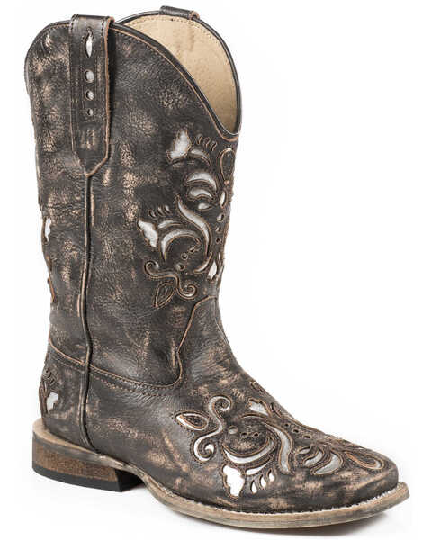 Image #1 - Roper Girls' Belle Underlay Western Boots - Broad Square Toe, Brown, hi-res
